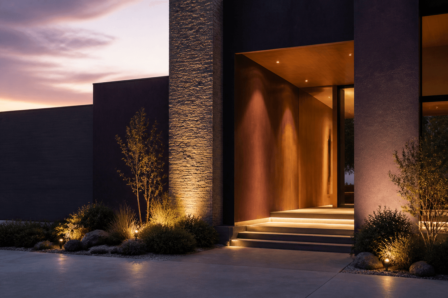 Contemporary residential entrance illuminated at dusk
